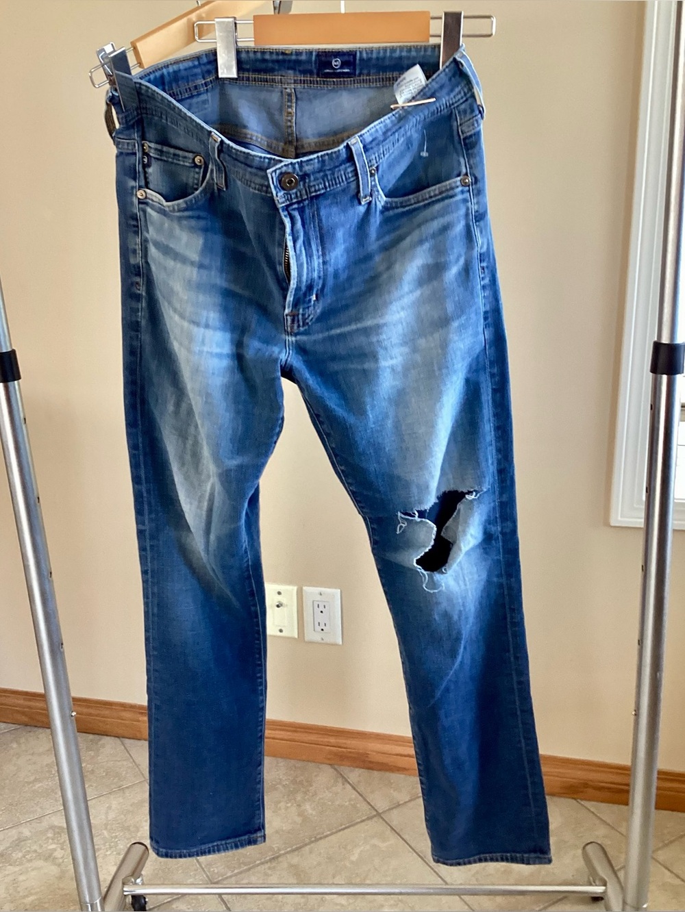 Ag Adriano Goldschmied Men's Distressed Blue Slim Straight Jeans